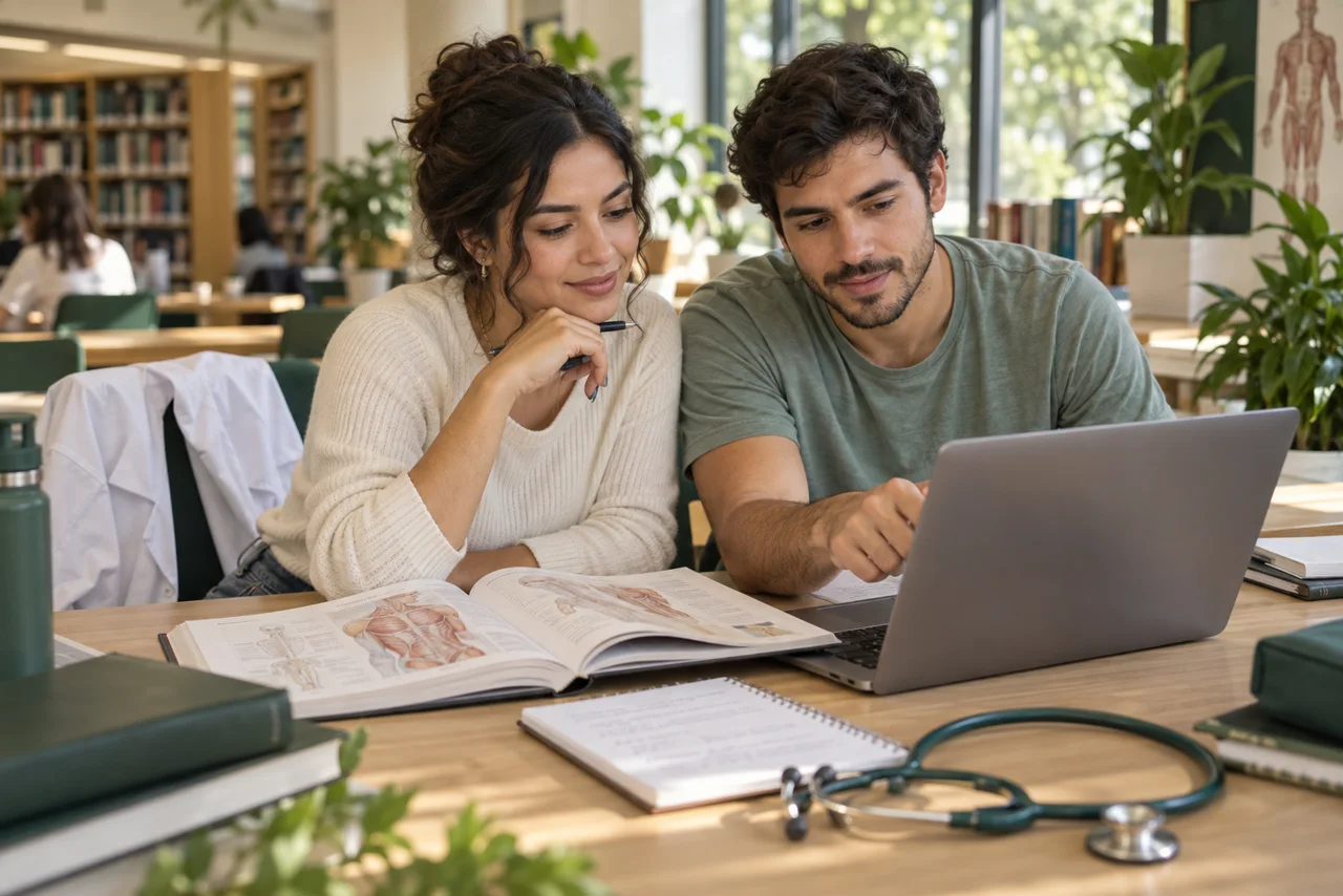 Imagem ilustrativa de estudantes de medicina pesquisando juntos com um livro e um computador.
