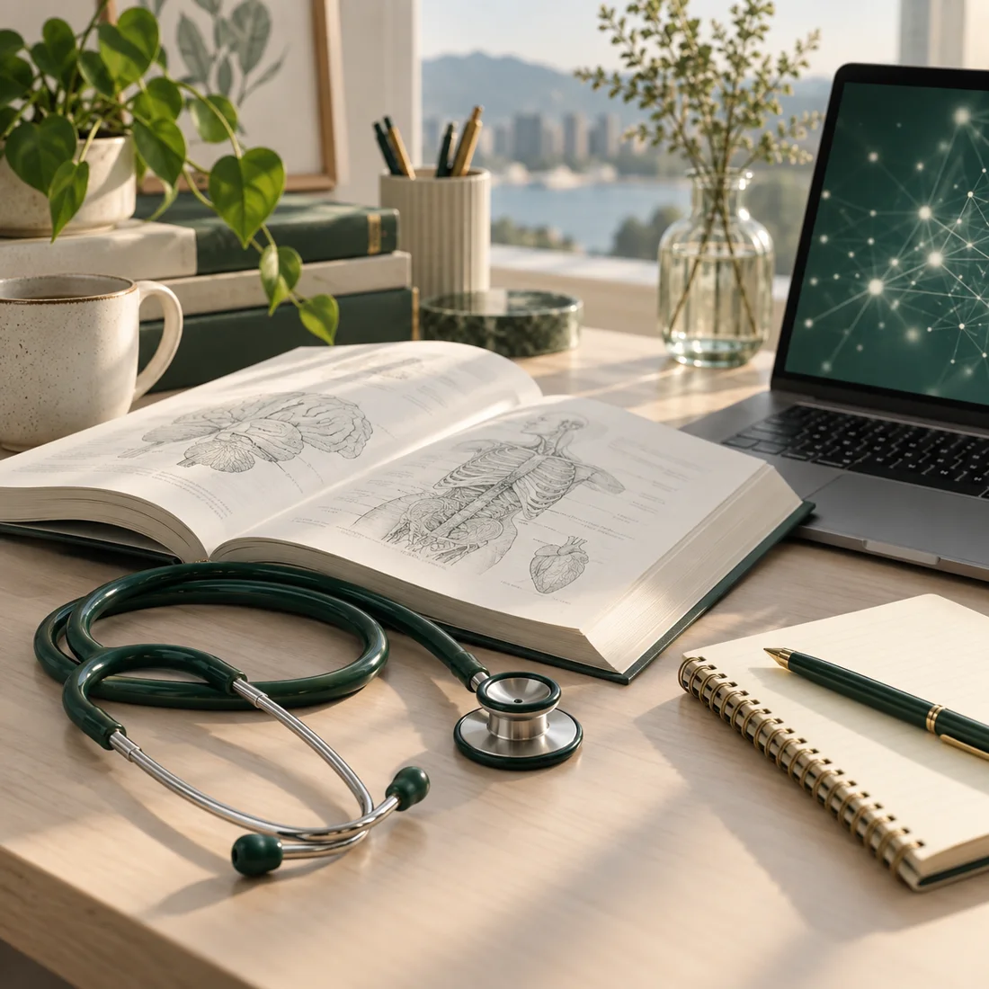 Imagem ilustrativa de uma mesa de pesquisa em medicina, com estetoscópio, livro, anotações e computador.
